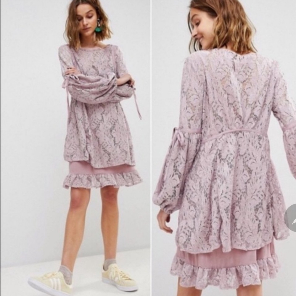 Free People Ruby Crochet Lace Mini Long Sleeve Dress in Soft Purple - Small - Picture 2 of 15